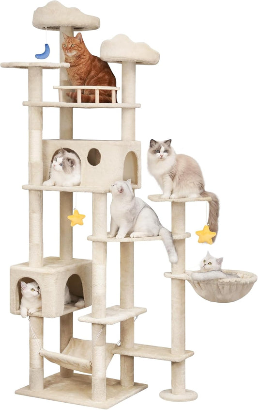 85inch Heavy Duty Cat Tree for Indoor Cats Large Adult, Tall Giant Cat Tower with Scratching Post, Large Perches, Cozy Cat Condos & Hanging Hammocks, Beige