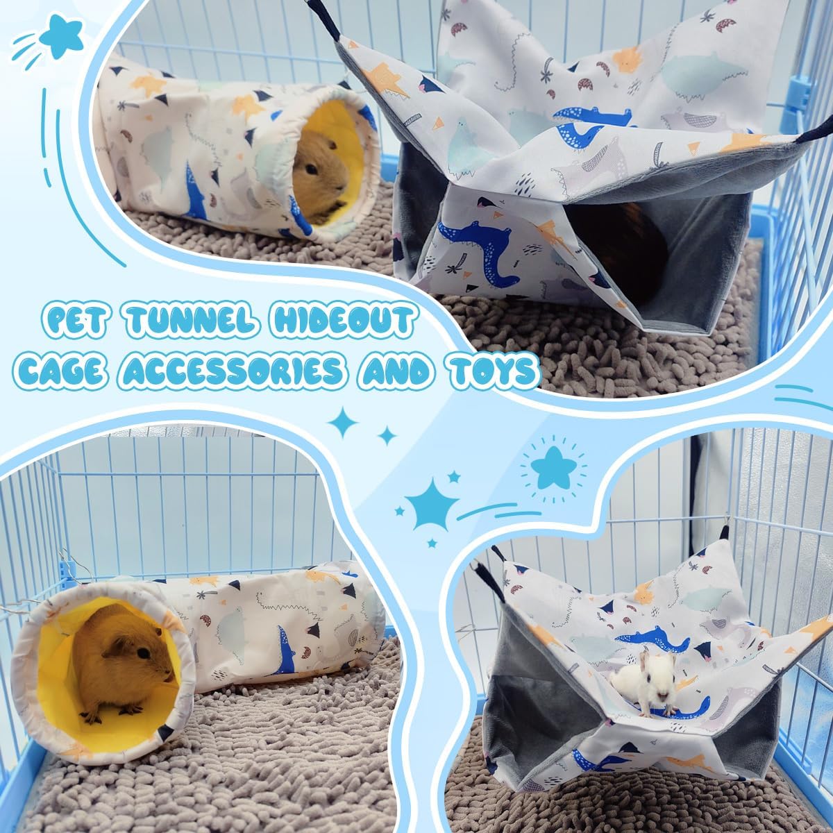 Large Caliber Guinea Pig & Rat Tunnel Hideout & Hammock, Corner Hideout Toy for Guinea Pig, Ferret, Hedgehog & Piggy to Hide and Shuttle (1. Hammock&Tunnel-Dinosaur)