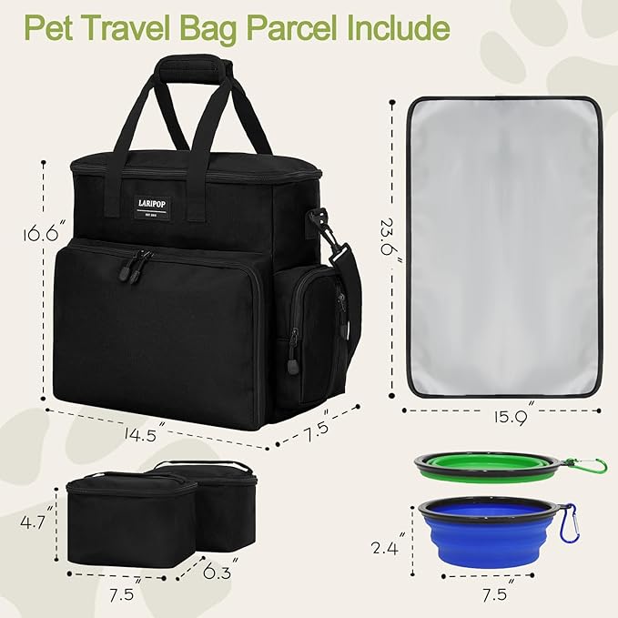 Dog Travel Bag,Weekend Pet Travel Bag Set for Dog and Cat,Airline Approved Tote Multi-Function Dog Bags for Traveling,Include 2 Collapsible Bowls,2 Food Storage Containers,1 Feeding Mat,Black