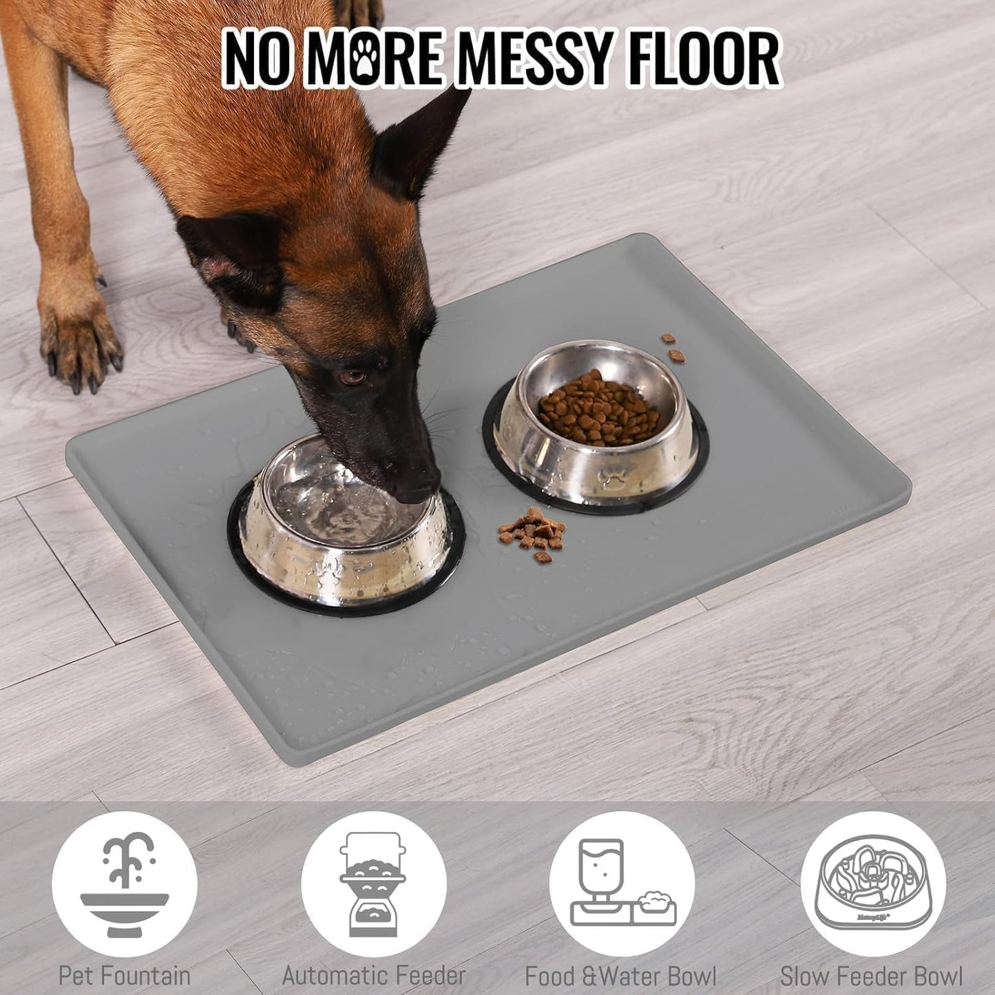 MateeyLife Dog & Cat Food Mat for Floors Waterproof, Nonslip Bowl Mats for Food and Water, Dog Feeding Mats with Raised Edges, Silicone Dog Water Matt Tray for Messy Drinkers, 18"x12", Grey