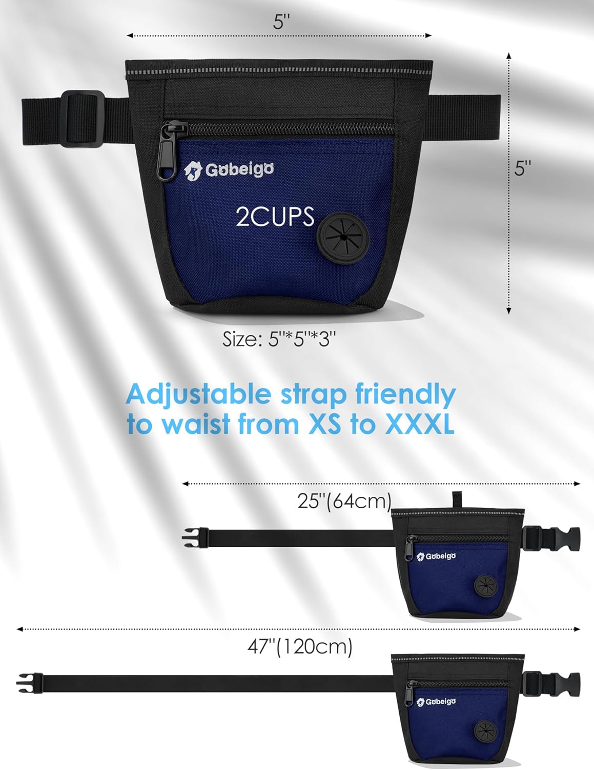 Gobeigo Dog Treat Pouch and Training Clicker, Upgrade Two Magnetic Closure to Prevent Spills, 2 Cup Treat Bag with Poop Bag Dispenser, Metal Clip Waist Belt Fanny Pack for Pet Walk (Black/Blue)