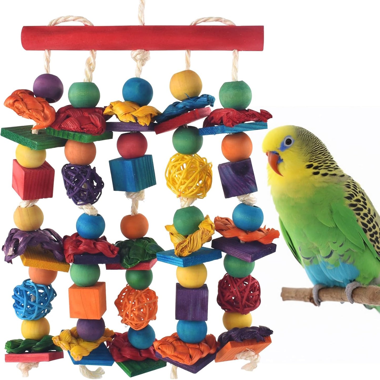 Bird Toys, Parakeet Chewing Toy, Multicolored Natural Wooden Blocks Birds Parrot Tearing Toys mit Rattan Wicker Balls, for Medium Small Macaw Cockatoos Budgie Lovebird Cockatiel Conures