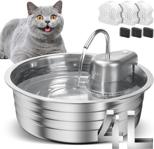 Cat Water Fountain, 4L/135OZ Stainless Steel Pet Fountain Dog Water Dispenser with 3 Filters & 3 Sponges, Dog Water Bowl Cat Drinking Fountains Watering Supplies with Ultra-Quiet Pump for Pets Indoor