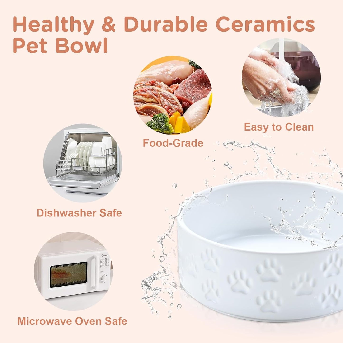 SPUNKYJUNKY Ceramic Dog and Cat Bowls 2 Pack, 6.1'' Dog and Cat Food Water Double Feeding Bowls Non-Slip for Large Sized Breed Microwave Dishwasher Safe - 28.7 OZ, 2pcs, Paw White