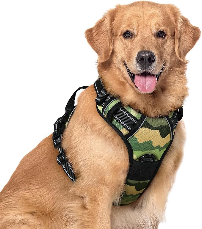 rabbitgoo Dog Harness No Pull with 2 Leash Clips, Adjustable Soft Padded, Reflective Oxford No Choke Pet Vest with Easy Control Handle for Large Dogs, Green Mountain, XL