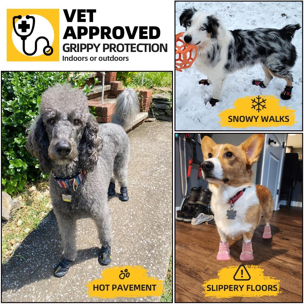 Hcpet Dog Shoes, Dog Boots for Large Dogs, Waterproof Dog Booties Paw Protector for Summer Hot Pavement, Winter Snowy Day, Outdoor Walking, Indoor Hardfloors Anti Slip Sole Black Size 7