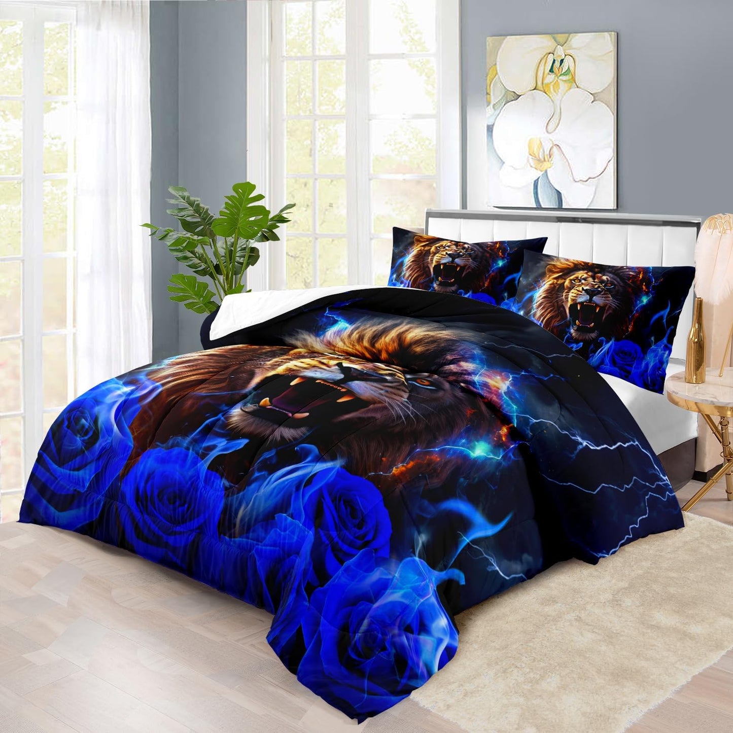 Lion Blue Comforter Set Queen,Lion Bedding Set Boys,Animal Print Comforter Bedroom Decor for Home,Vintage Floral Quilt,Blue Flower Bedding Adult,Tiger Quilt Bed Decor Teen
