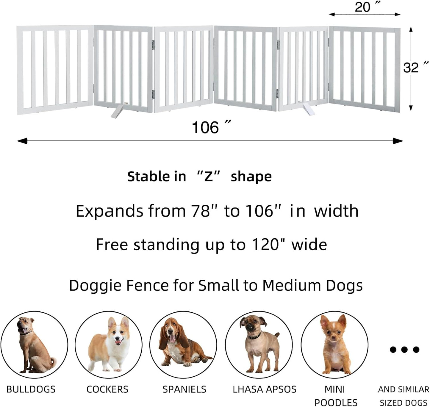 ZJSF Freestanding Indoor Dog Gate for House Foldable Wood White Puppy Gate for Doorways Pet Gate for Stairs Extra Wide Pet Fence 32" Height 6 Panels