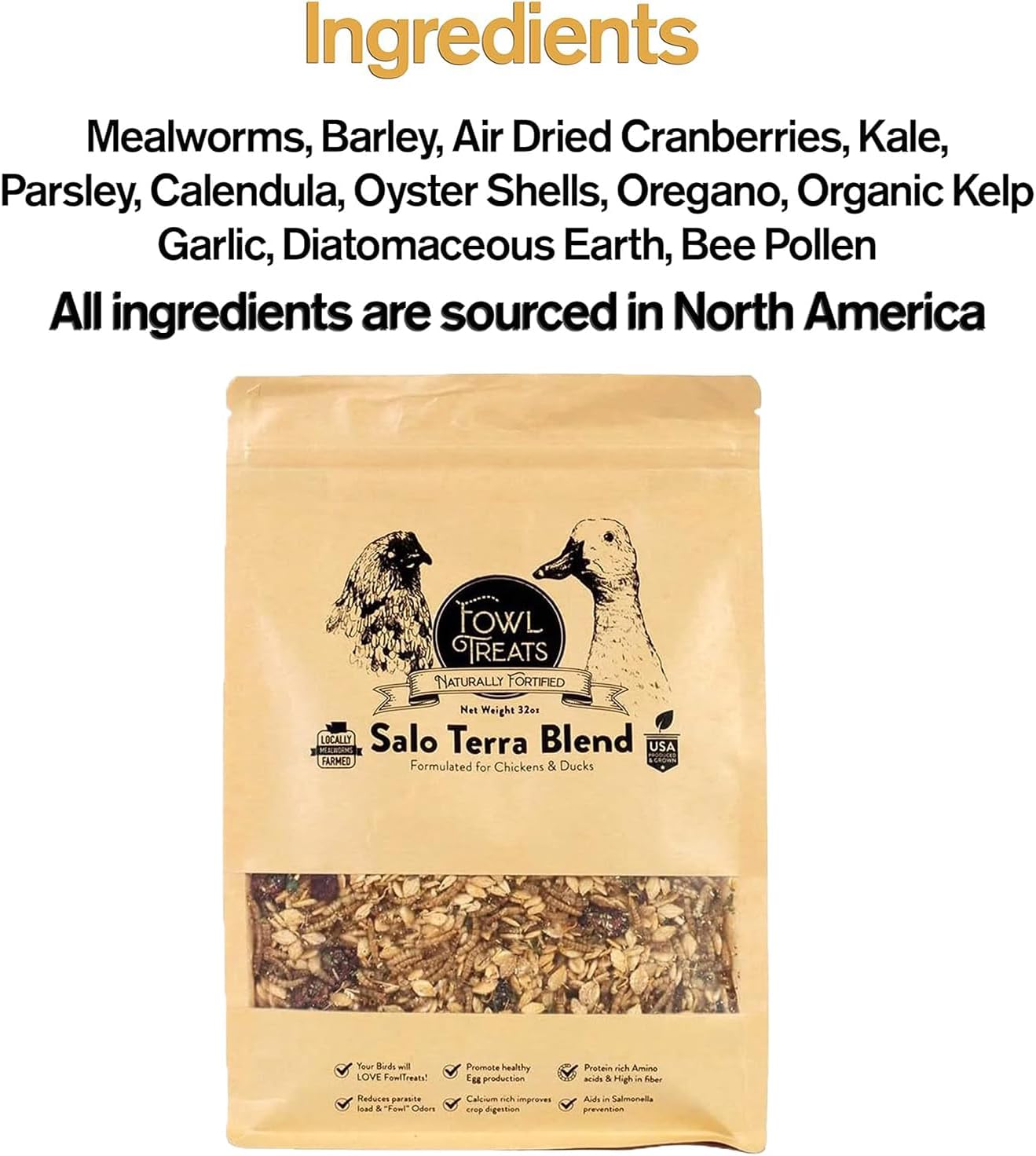 Naturally Fortified Treats – Protein Rich Supplement Suitable for Chickens, Hens and Ducks, Hand Mixed with USA Grown Ingredients – Salo Tera Blend – 32oz