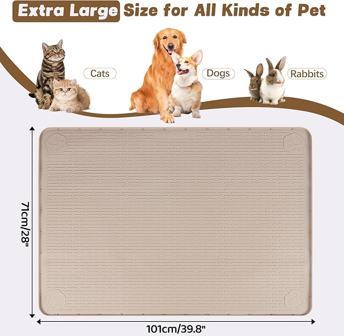 Cat Food Mat, 40" x 28" Extra Large Silicone Pet Feeding Mat with Raised Edge Pet Placemat for Food and Water Bowl Non-Slip, Easy to Clean, Floor Protection (Khaki)