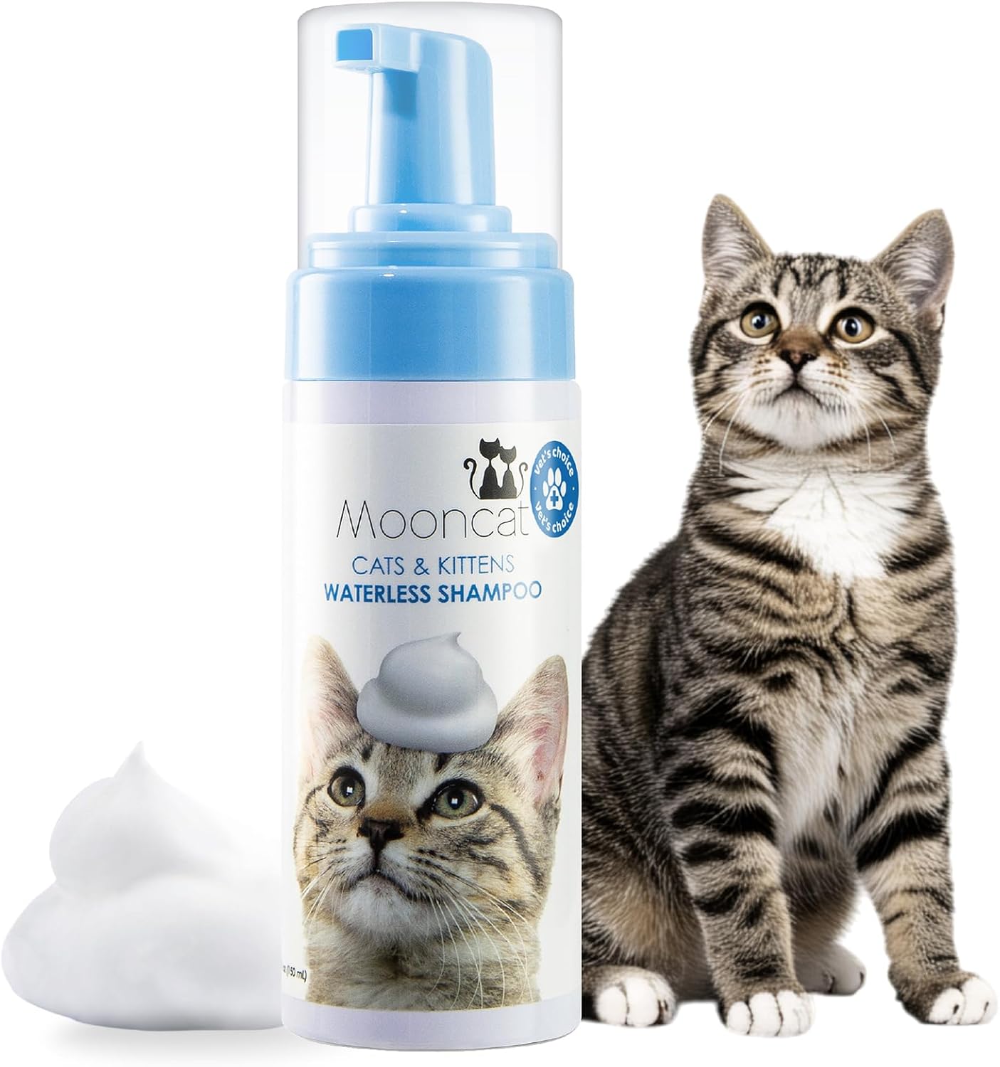 Mooncat Waterless Cat Shampoo, 100% Licking Safe & Vet Approved No Rinse Dry Bath Foam - Gentle Deodorizer for Short Haired Cats, Seniors & Kittens - Soothes Sensitive Skin, Reduces Dander & Odor