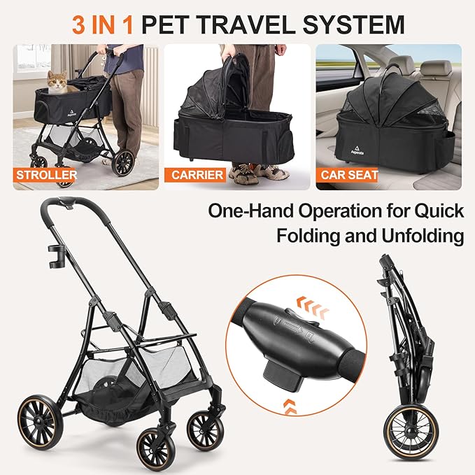 Pet Stroller for Small/Medium Dogs & Cats up to 55 lbs, Upgraded 4 Wheels Dog Stroller for Large Dogs, 3-in-1 Foldable Portable Travel Carrier for 2 Cats with Storage Basket and Cupholder