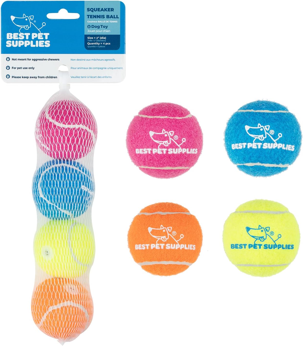 Best Pet Supplies Interactive Squeaky Dog Chew Toy, Ideal Dog Toys for Chewers, Small, Medium & Large Dogs, and Fetch Lovers - Tennis (Assorted Color), Small (Pack of 4)