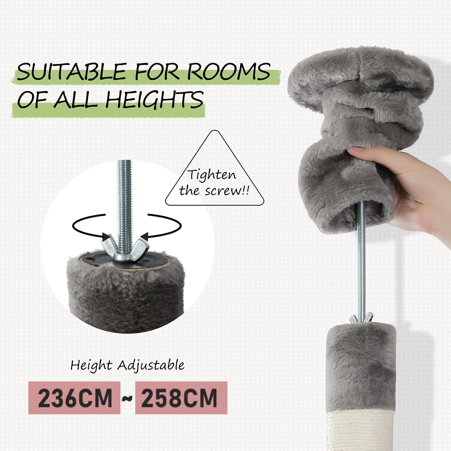PEQULTI Floor to Ceiling Cat Tree 92.9’’-101.6’’ Height Adjustable Cat Tower Tall Kitty Climbing Play House with Scratching Posts, Cozy Condo, Perches and Large Hammock for Indoor Cats Gray