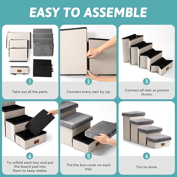 Dog Stair for Small Dogs with Storage, Foldable Pet Step with Soft Cover, Older Cat Ramp for Chair Couch Sofa, Lightweight, Durable, Comfort, 39.7x13x21.2 inch, 5 Tiers, Grey