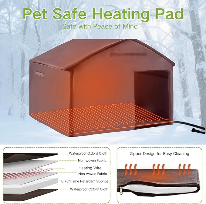 Heated Dog House Outdoor with Bowls Weatherproof Dog Kennel with Heating Pad Anti-Chewing Iron Frame Dog Shelter for Small Medium Dogs(Wooden Brown)