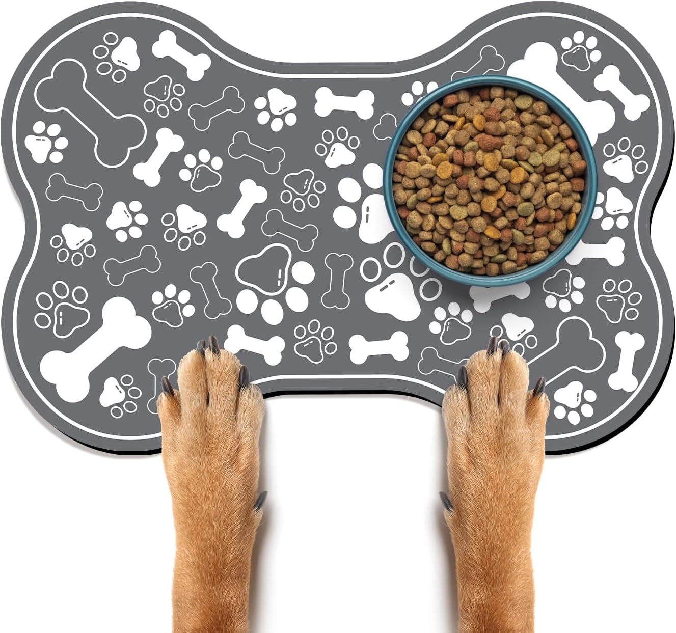 Dog & Cat Food Mat Bone Shaped Pet Feeding Mat Quick Absorb Water Bowl Placemat with Rubber Backing Indoor Floor Stain Resistant Pet Accessory Supplies (Dark Gray Small, 12x18 Inches)