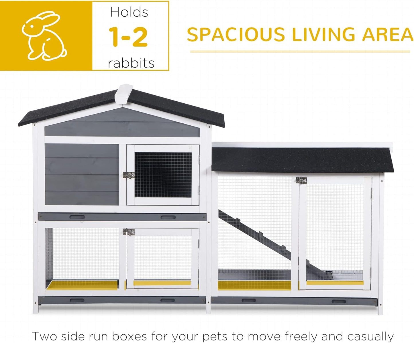 PawHut 62" Rabbit Hutch, Wooden Bunny Hutch, Guinea Pig Cage, Small Animal Enclosure with Run Area, Removable Tray, Asphalt Roof, Lockable Doors and Ramp, Gray