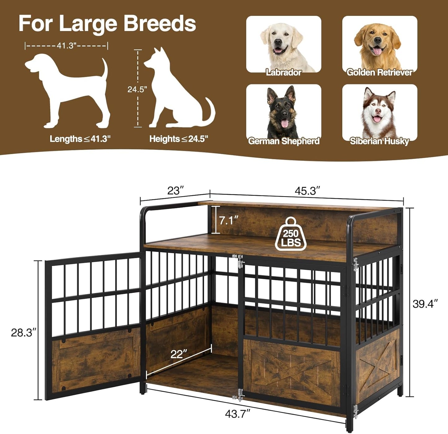 45.3" Dog Crate Furniture for Large Breed, Heavy Duty XL Dog Kennel Indoor with Storage Shelf, Farmhouse Wooden Pet Crate, Chew-Resistant, Brown (45.3" W x 23" D x 39.4" H)