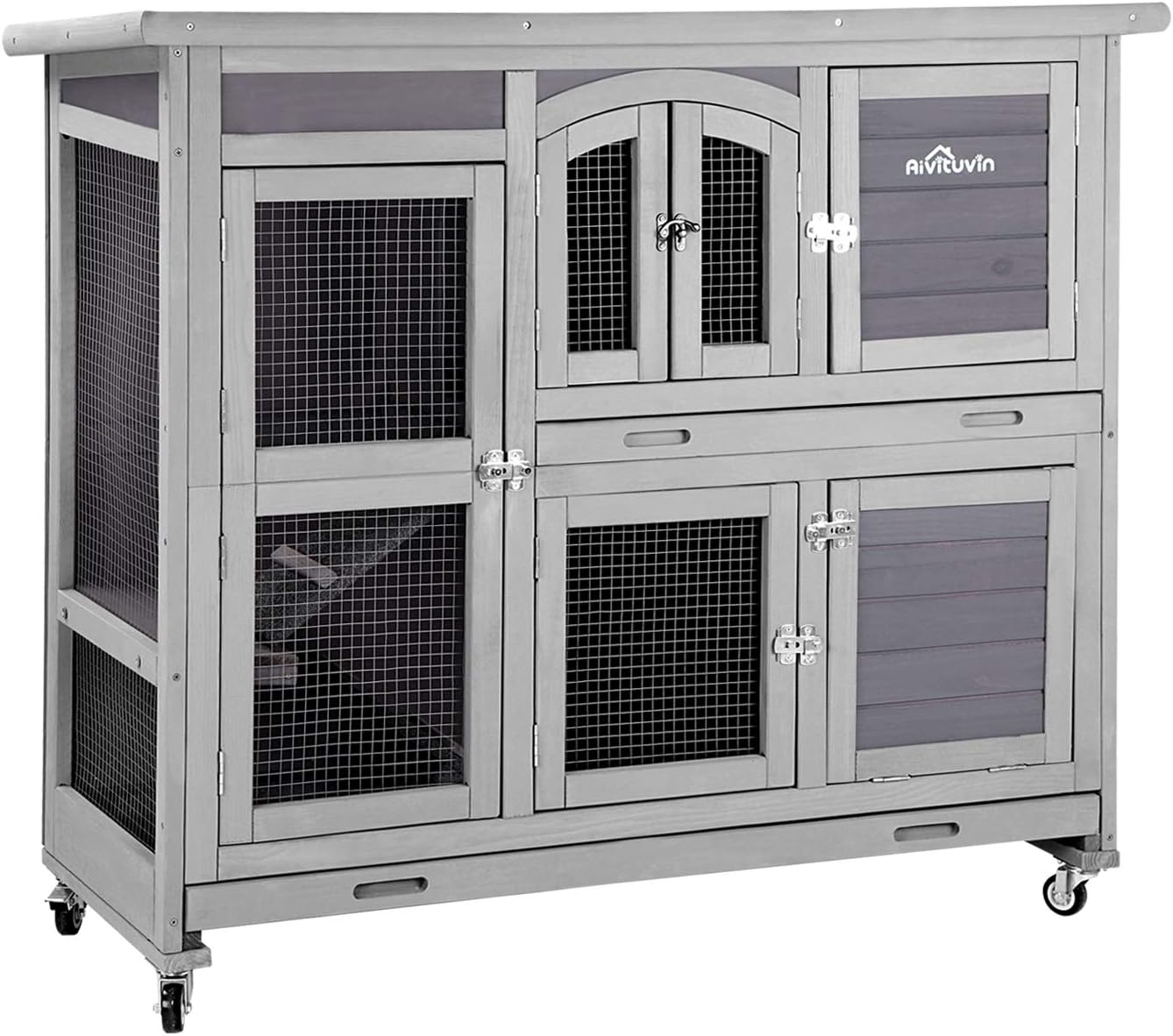 Aivituvin 47" Two Story Rabbit Hutch Bunny Cage with Wheels, Indoor Outdoor Guinea Pig Cage with 2 Deep No Leak Tray
