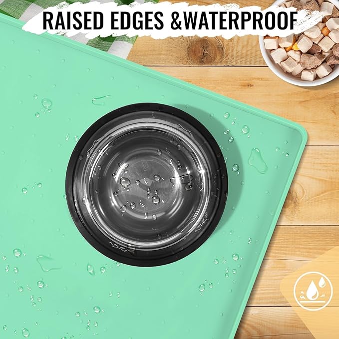 MateeyLife Dog & Cat Food Mat - Waterproof, Nonslip, Raised Edges, Silicone Tray for Messy Drinkers, 24"x16", Mint Green