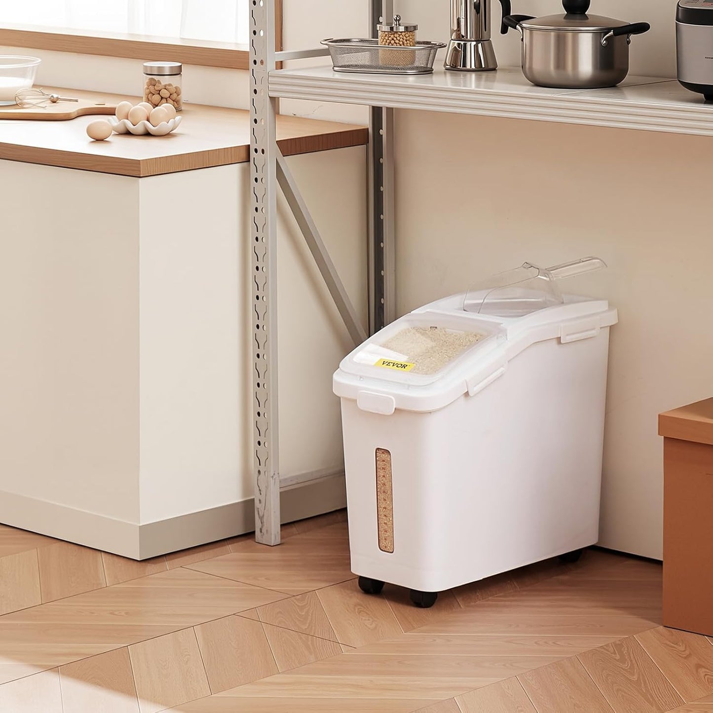 VEVOR Ingredient Storage Bin, 11.4 Gallon Capacity Shelf Ingredient Bin, 280 Cup Flour Bins on Wheels Commercial Prosave Shelf-storage Ingredient Bin with Lid and Scoop Rice Bin for Kitchen White