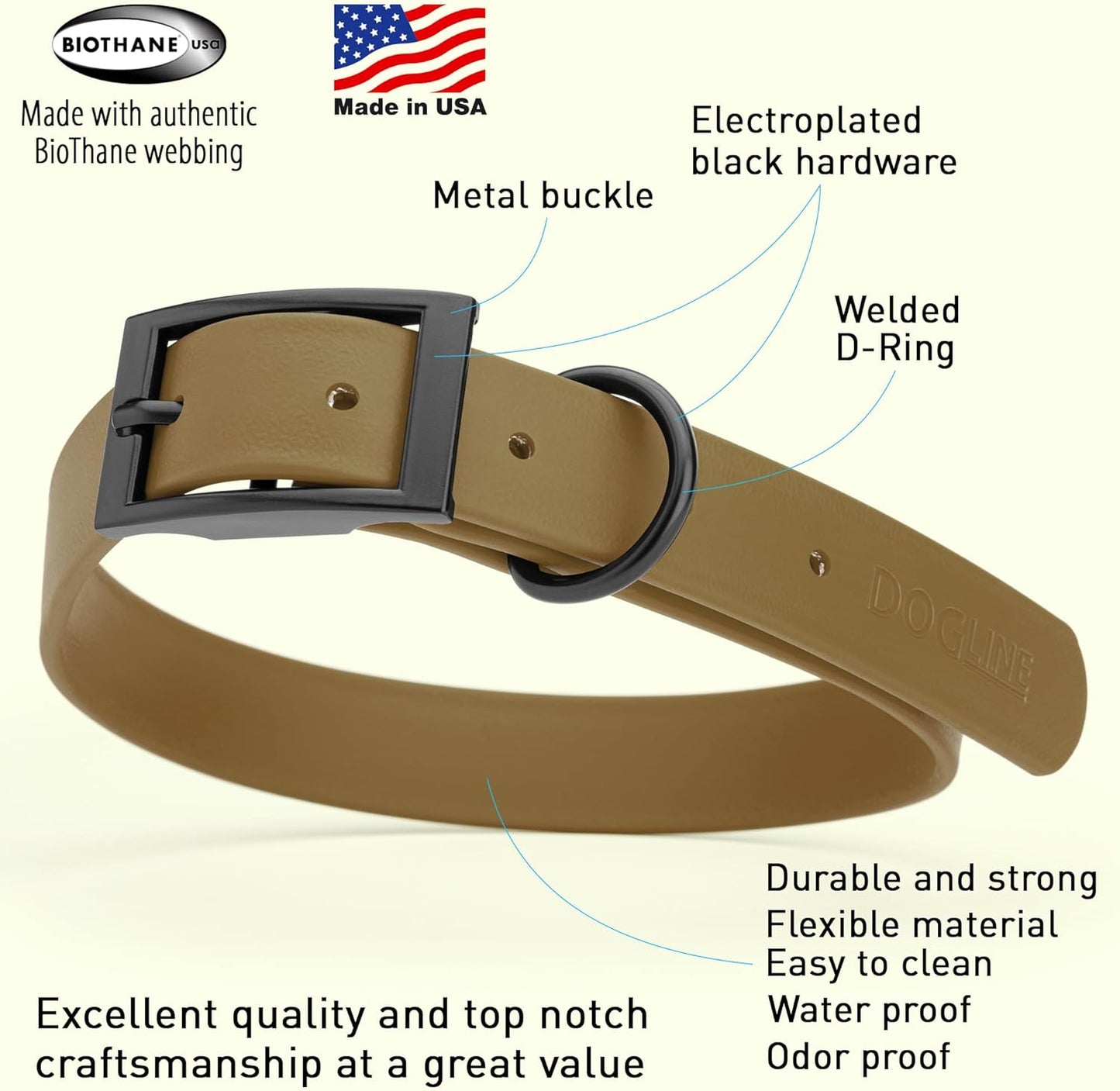 Dogline Biothane Waterproof Dog Collar Strong Coated Nylon Webbing with Black Hardware Odor- Proof for Easy Care Easy to Clean High Performance Fits Small Medium or Large Dogs, Coyote Brown