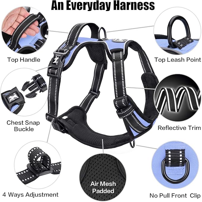 PoyPet No Pull Dog Harness, Reflective Comfortable Vest Harness with Front & Back 2 Leash Attachments and Easy Control Handle Adjustable Soft Padded Pet Vest for Small to Large Dogs (Light Blue,XS)