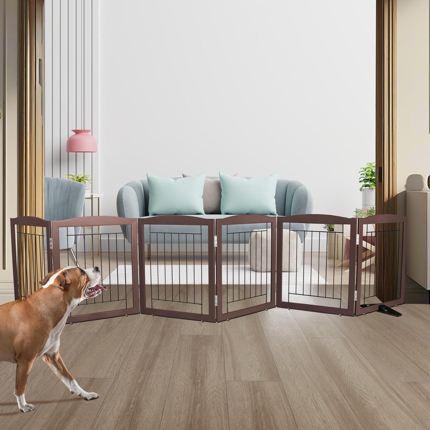 ZJSF Freestanding Dog Fence Indoor, Foldable Dog Gate for Doorways, Stairs or Hallways, Sturdy Wood Extra Wide Pet Gate with Support Feet for The House, Brown, 24 "Height-6 Panels