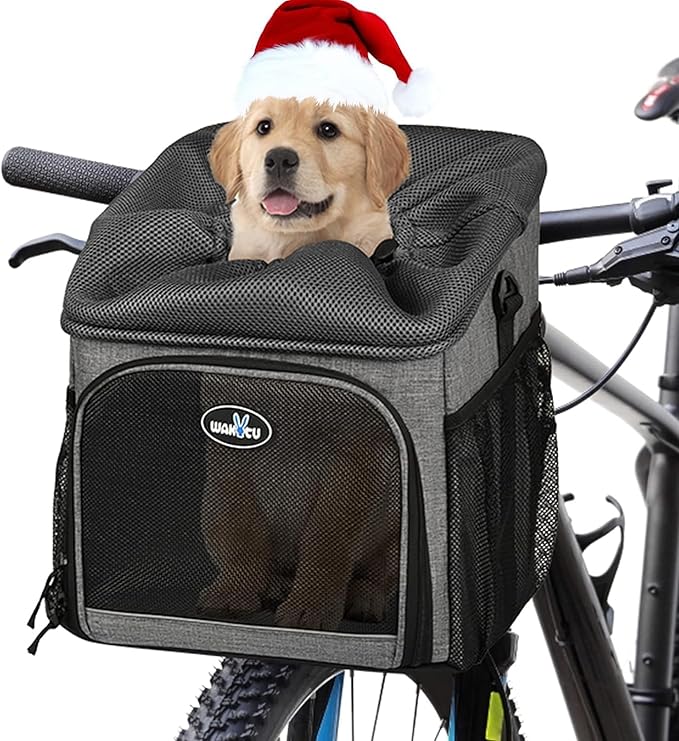 Dog Bike Basket Carrier, Pet Bicycle Front Carrier Backpack for Bike Riding Foldable Removable, Reflective Strips, 2 Side Storage Pockets, Pet Travel Bag for Cats Small Dogs
