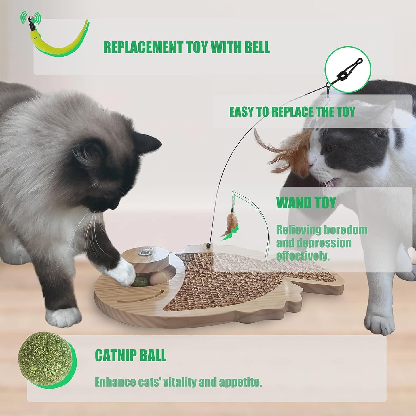 Petest Interactive Cat Toy Natural Sisal Cat Scratcher Toy with Catnip Balls, Fish Design