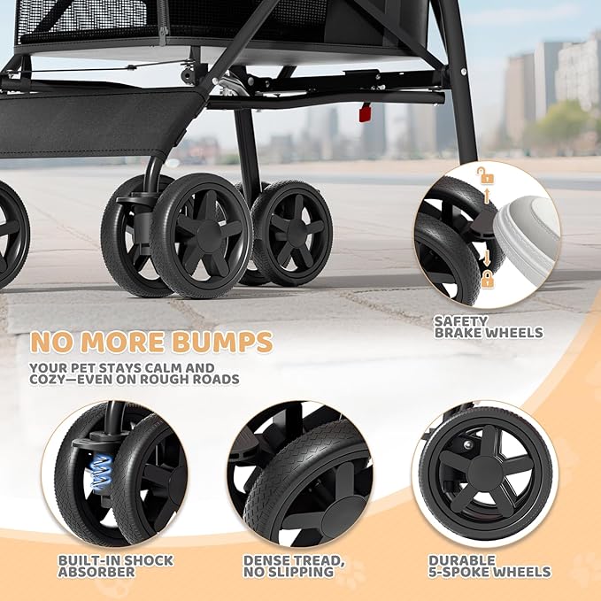 Magshion Compact Pet Stroller for Small-Medium Dogs/Cats up to 22lbs, 4-Wheel Lightweight Umbrella Shaped Portable Puppy Travel Jogger with Breathable Mesh, Cup Holder & Rear Storage, Black