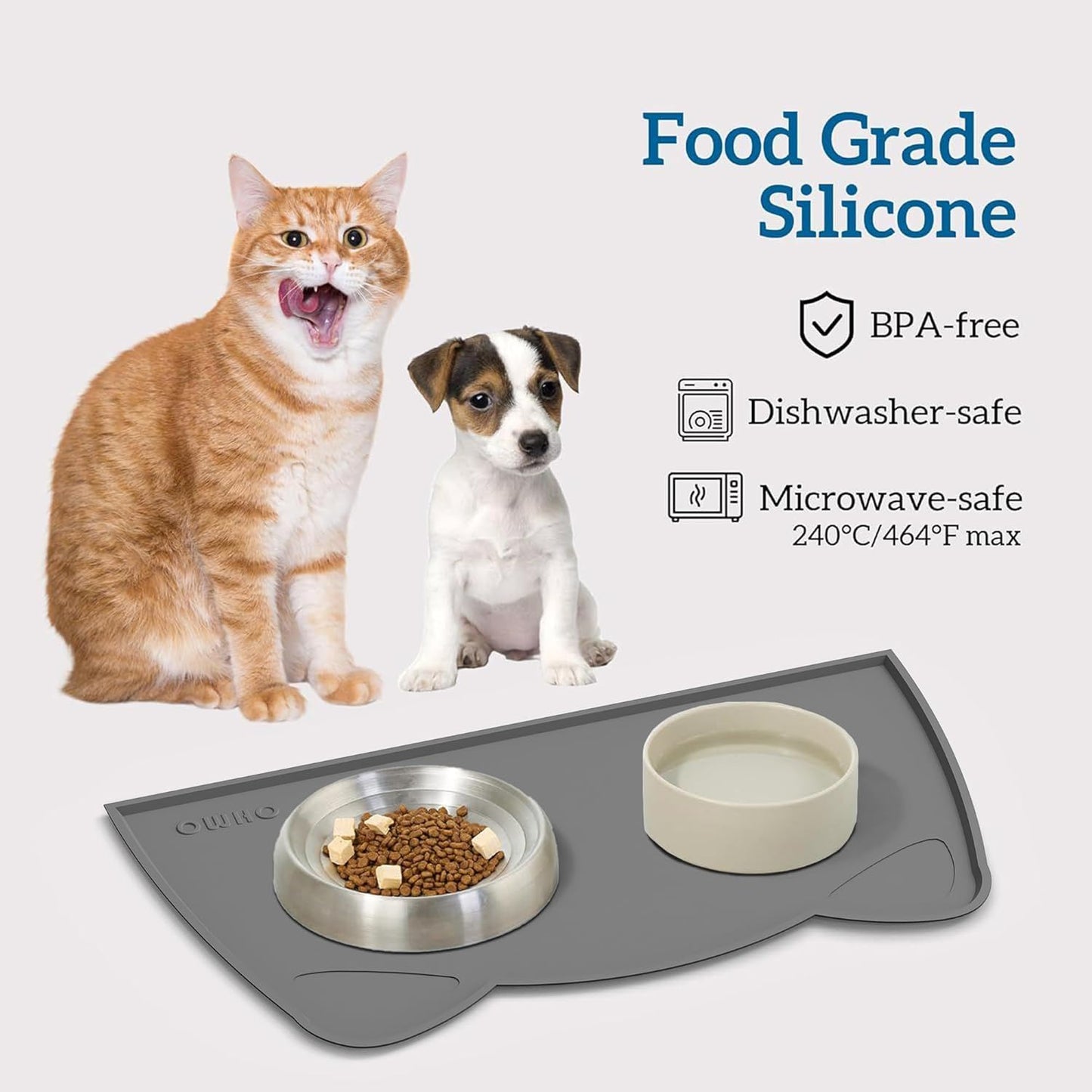 OHMO - Cat Food Mat, Silicone Pet Feeding Mat for Floor Non-Skid Waterproof Dog Water Bowl Tray, Easy to Clean Pet Placemat