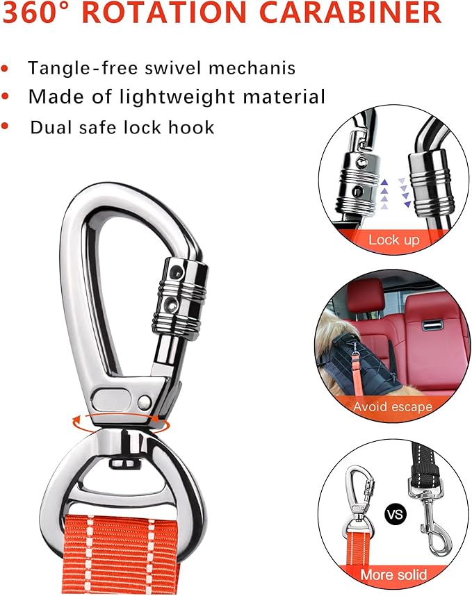 AUBELL Dog Seat Belt for Car,2 Pack Set 3-in-1 Adjustable Reflective Bungee Heavy Duty Dog Car Harness Tether with Clip Hook Latch & Buckle,Swivel Zinc Alloy Carabiner,Black+Orange