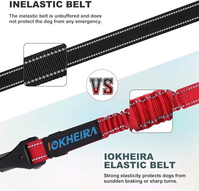 IOKHEIRA Dog Seat Belt 3-in-1 Car Harness for Dogs Adjustable Safety Seatbelt for Car Durable Nylon Reflective Bungee Fabric Tether with Clip Hook Latch & Buckle, Swivel Zinc Alloy Carabiner Red