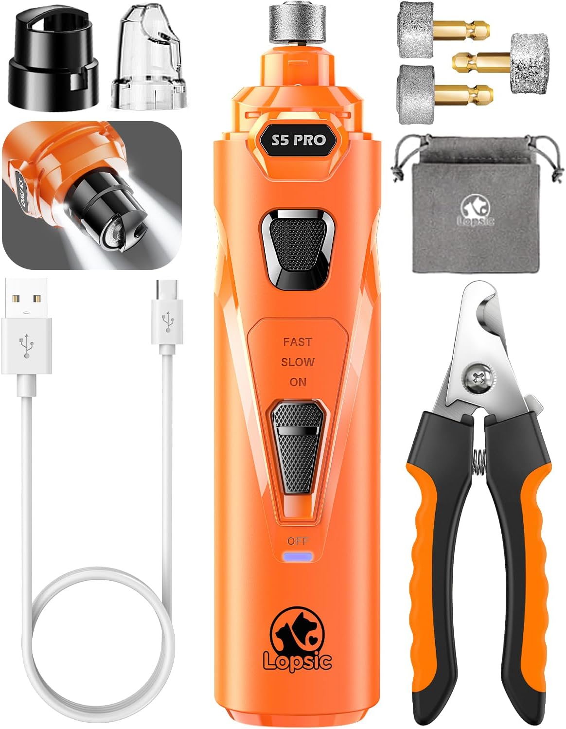 Dog Nail Grinder with 2 LED Lights Powerful 2 Speeds Super Quiet Dog Nail Trimmers with 3 Grinding Wheels Rechargeable Pet Dog Nail Clippers for Large Medium Puppy Dogs Dog Nail File Cat Nail Clipper