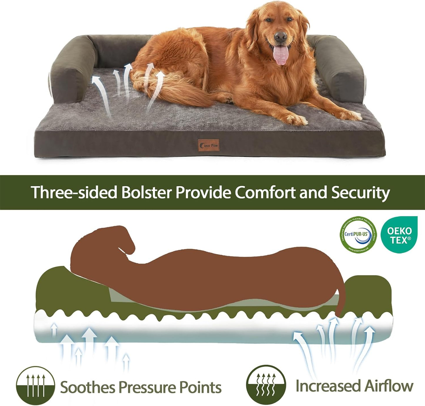 XXL Dogs Bed with Bolsters, Waterproof Dog Beds for Extra Large Dogs, Memory Foam Orthopedic Dog Bed with Removable Washable Cover, Nonskid Bottom (XX-Large, Dark Green)