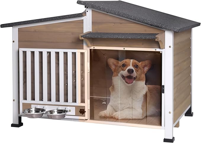 GUTINNEEN Dog House Outdoor with Anti-Chewing Metal Frame, Wooden Dog Kennel with 360° Rotating Feeding Bowl, Weatherproof Roof, for Indoor & Outdoor Use - Brown