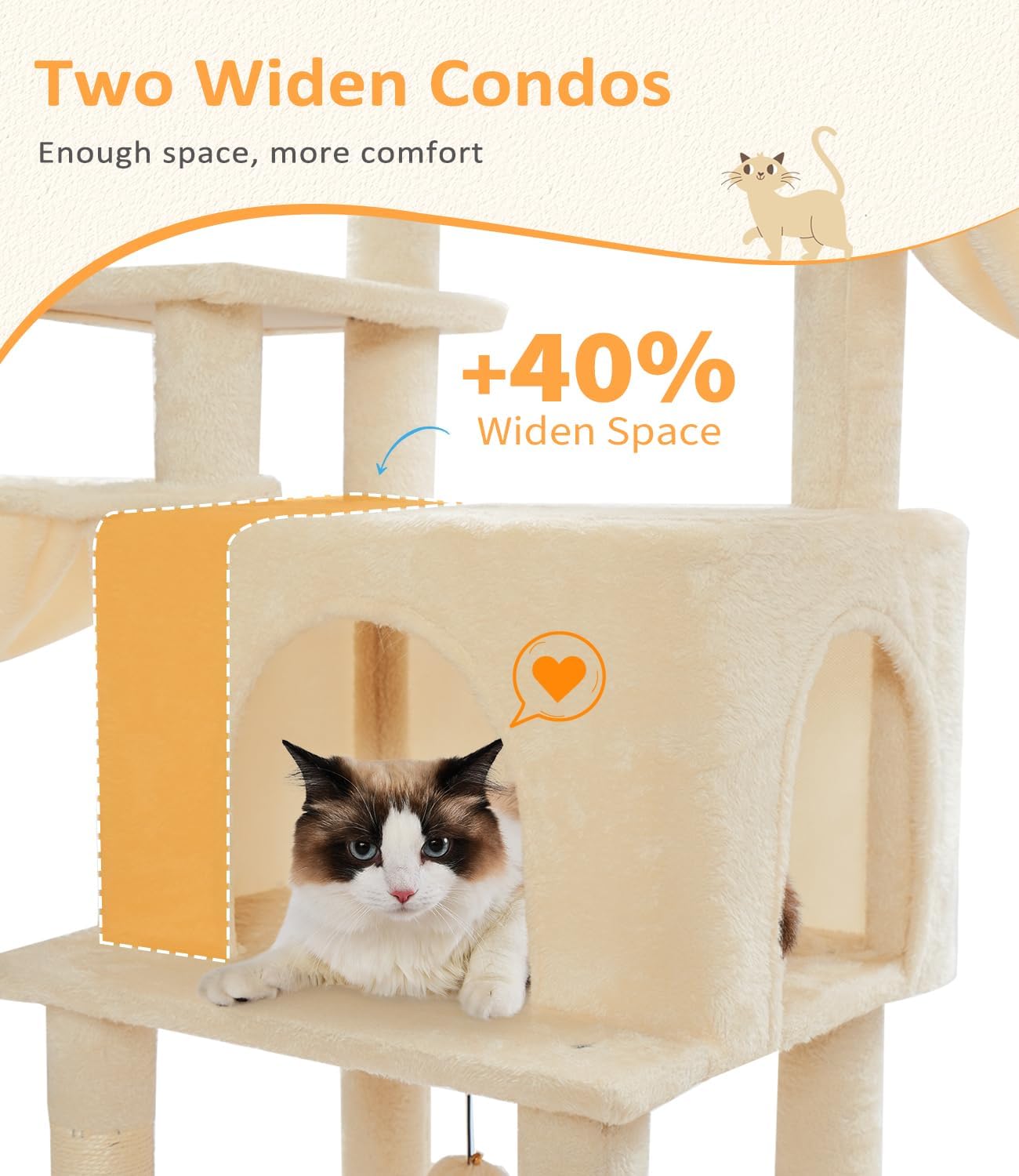 Cat Tree Large Cat Tower Tree 68" Multi-Level Cat Tower for Indoor Cats with Sisal Scratching Posts, Widen Cat Perche, Square Hammock, 2 Widen Condos, Scratching Posts, Beige