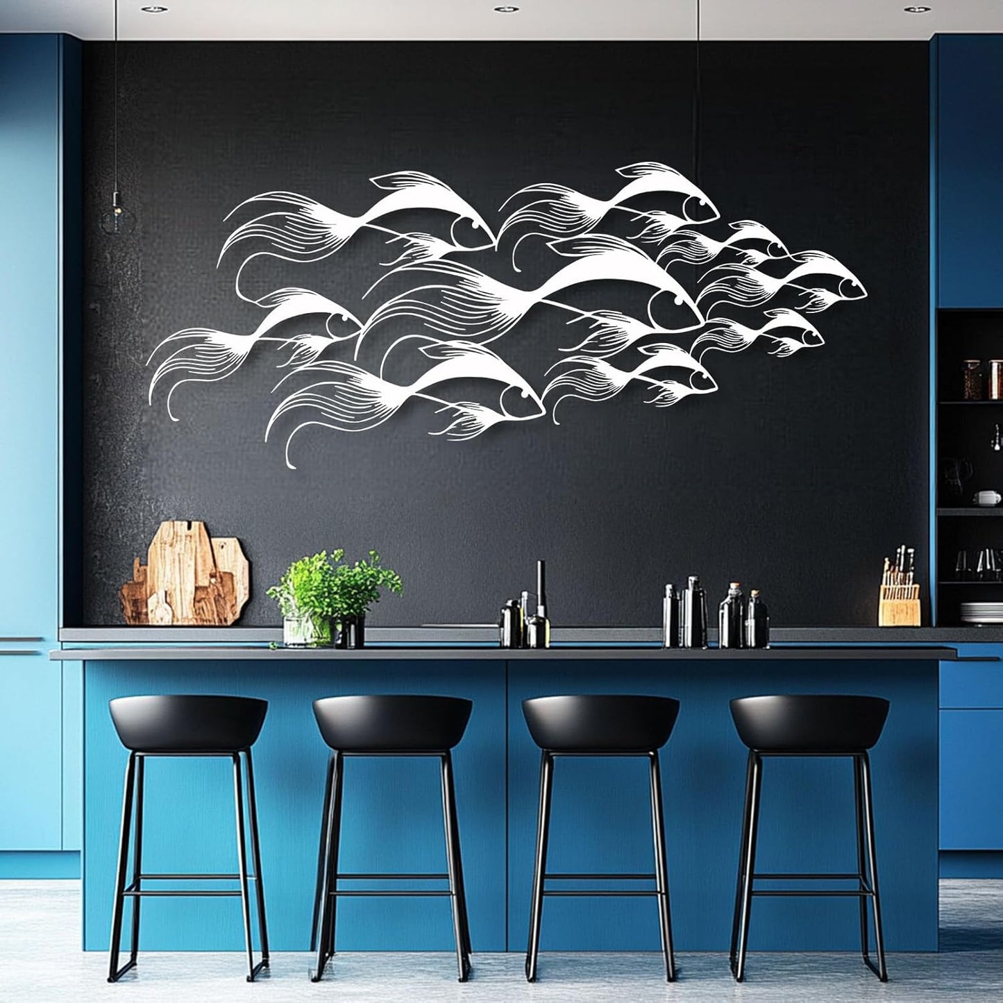 School of Fish Metal Wall Art, Metal Fish Wall Decor, Sea Life Wall Art, Large Nautical Wall Hanging, Modern Beach House Wall Decor, Ocean Themed Artwork for Bathroom (White, 24"x10" | 60x25cm)