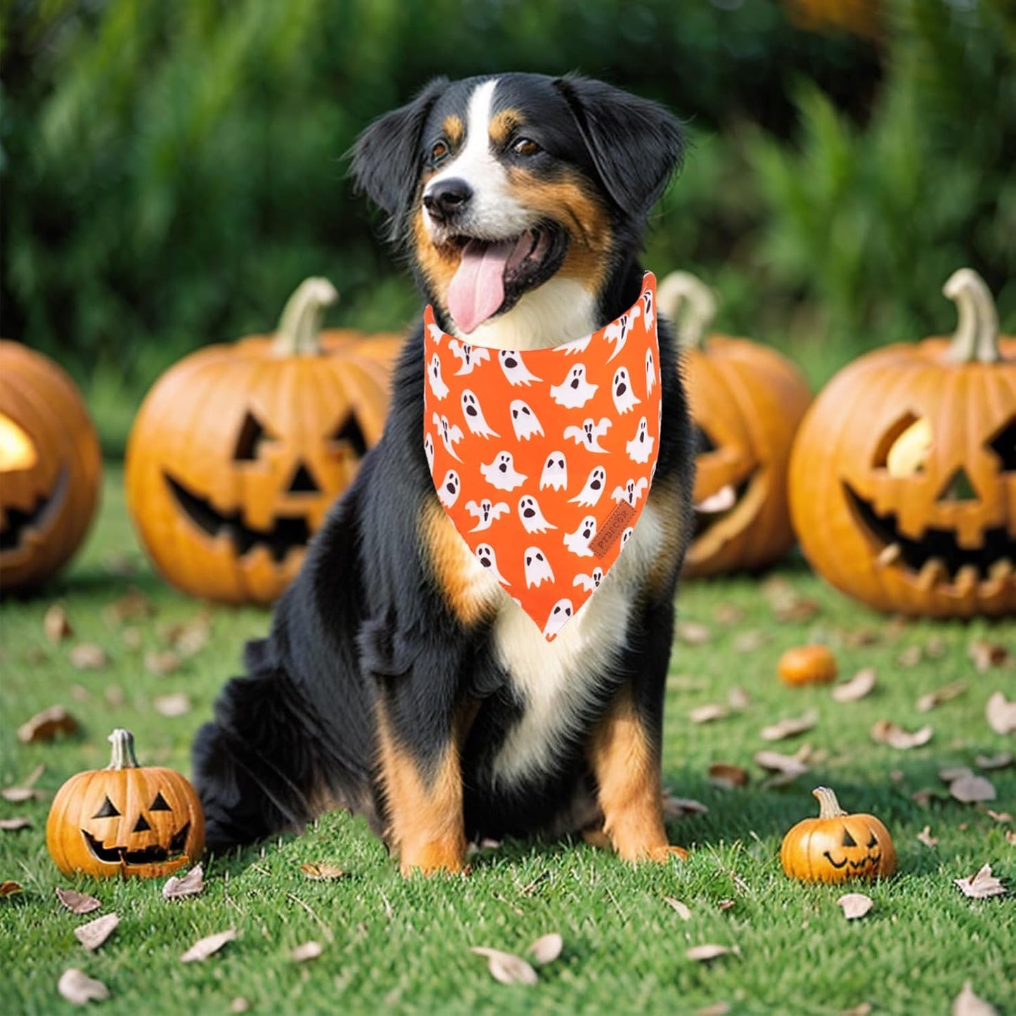 PTDECOR Halloween Dog Bandana, Reversible Holiday Pet Puppy Scarf, Multi Size, Triangle Halloween Bandanas for Medium Large Dogs Pets (Orange, Large)