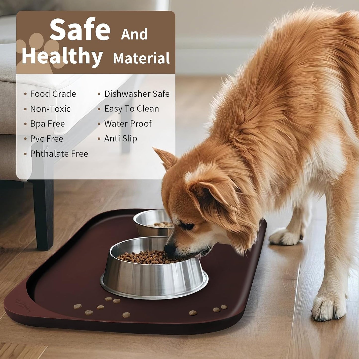 Silicone Pet Feeding Mat with Raised Edge & Residue Collection Pocket for Food and Water, Dog Bowl Mats, Cat Bowls Placemat with High Lip for Floor Waterproof, 19 x 12 x 0.7 Dark Brown