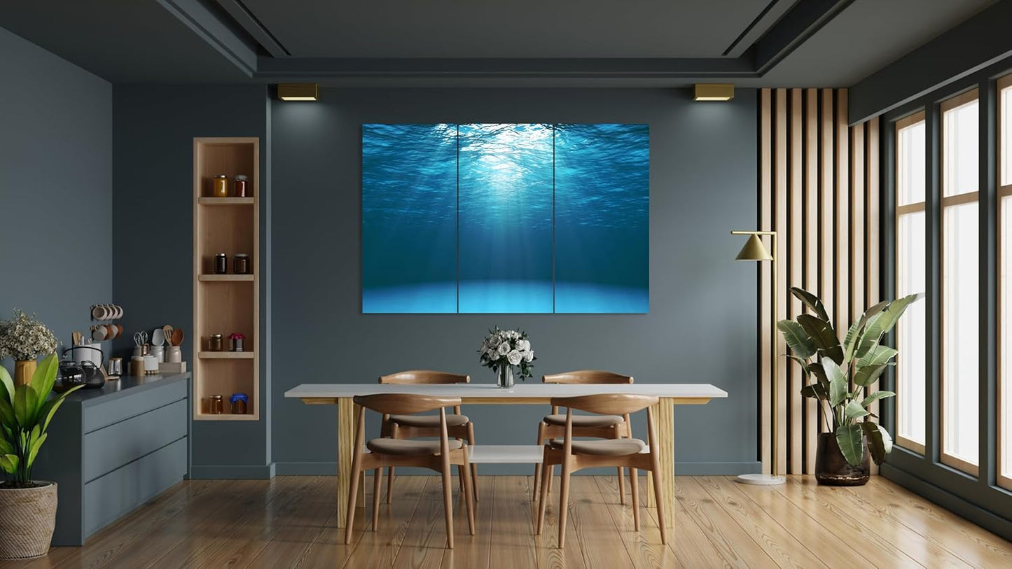 Nature Wall Art Prints - Ocean Forest Mountain Lake Canvas Landscapes - Small to Extra Large Living Room Bedroom Kitchen Bathroom Décor (Sun Rays Under Water, 35L" x 53W" - 3 Panels)