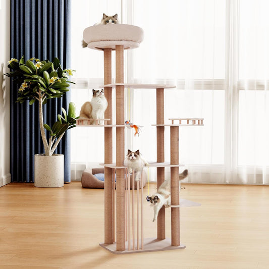 68" Large Cat Tree, Solid Wood Multi-Level Cat Tower with Scratching Posts, Fun Toys, and Washable Plush Platform for Indoor Cats