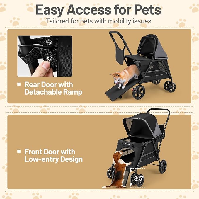 PETSITE 4 Wheels Dog Stroller, Foldable Cat Stroller with Dual Entries, Ramp, Mesh Windows, Adjustable and Detachable Canopy, and All-Terrain Wheels with Brake, Ideal for Small Medium Dogs