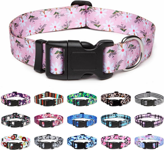 Mercano Adjustable Dog Collar - Special Design Patterns, Soft Nylon Comfortable Durable Pet Collar for Small Medium Large Dogs (L, Pink White Flower)
