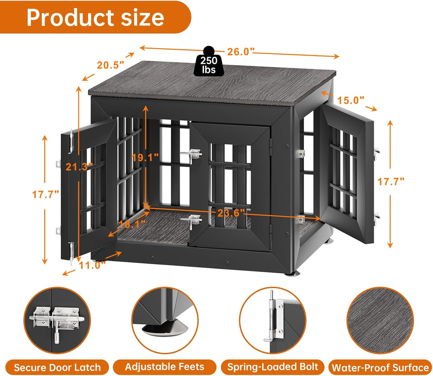 26" Heavy Duty Dog Crate Furniture for Small,Medium and Large Dogs,Rustic Wooden Dog Cage Kennel Indoor Furniture with Waterproof Top,Decorative Pet House Side End Table (Black & Grey)
