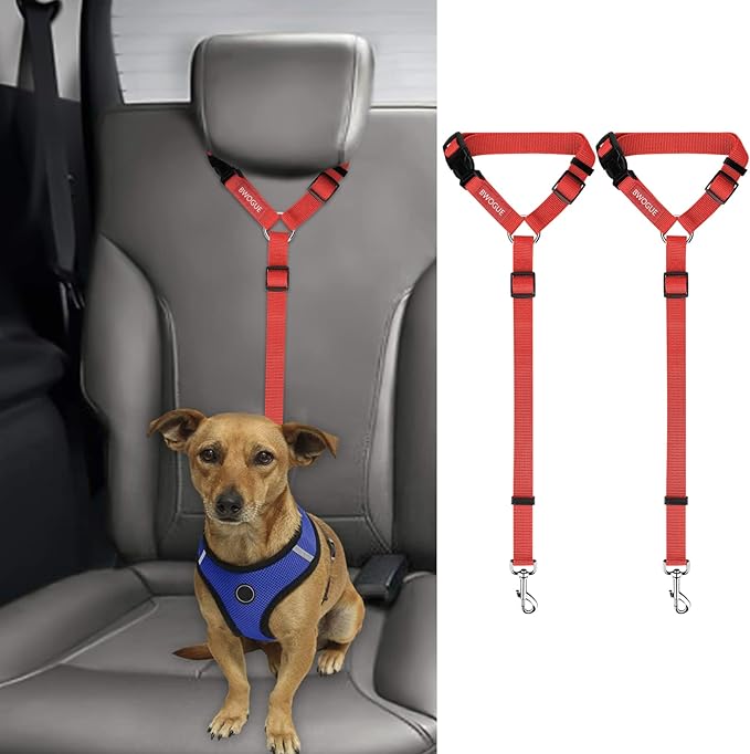 BWOGUE 2 Packs Dog Cat Safety Seat Belt Strap Car Headrest Restraint Adjustable Nylon Fabric Dog Restraints Vehicle Seatbelts Harness Red