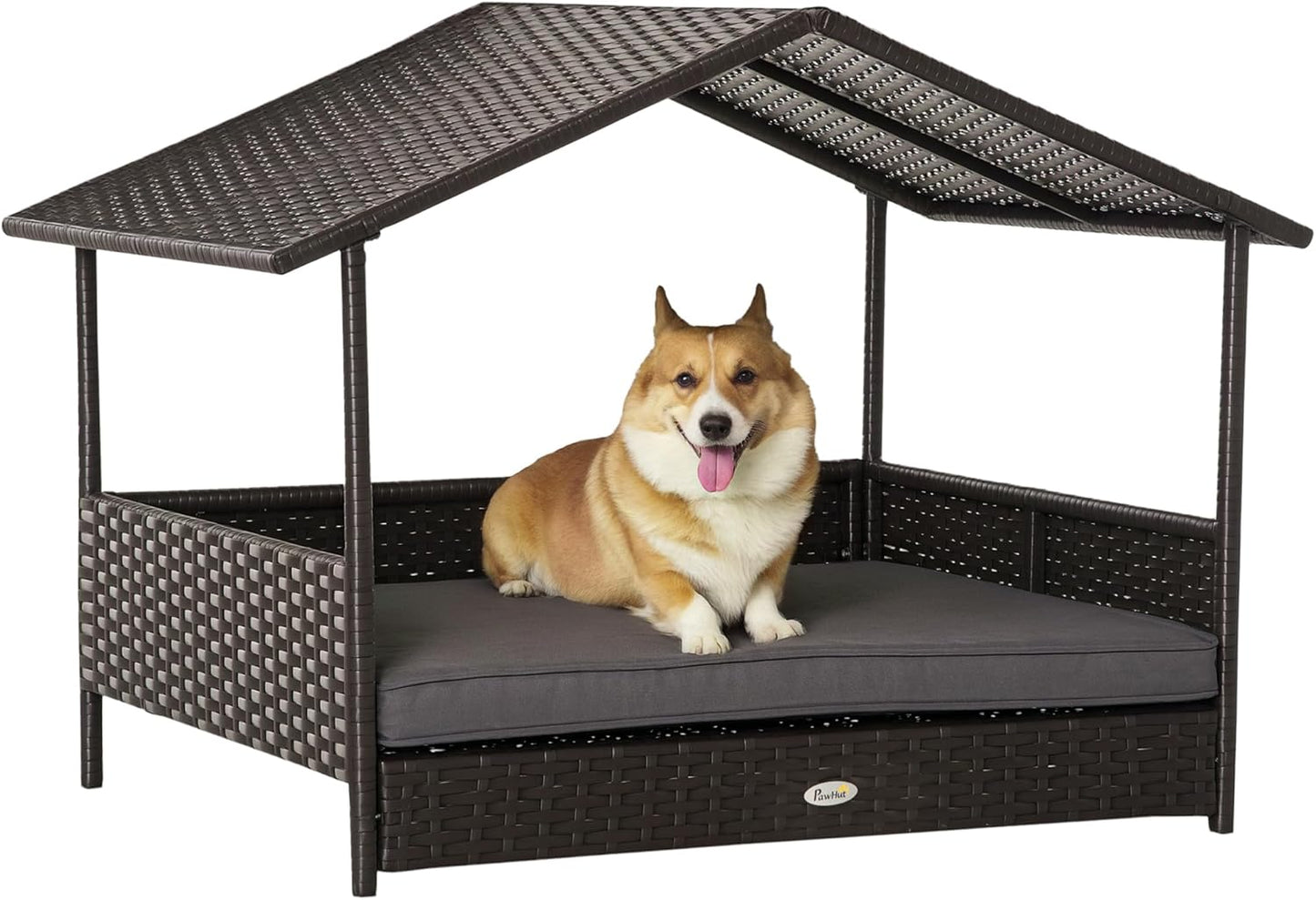 PawHut Wicker Dog House Outdoor with Canopy, Rattan Dog Bed with Water-Resistant Cushion, Raised Dog Bed for Small, Medium Dogs up to 66 lbs, 19.75" in Length, Brown Wicker, Gray Cushion