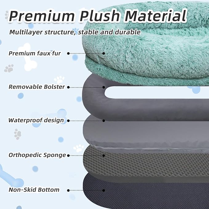 Human Dog Bed, 71''x45''x12'' Size Fits You and Pets, Washable Faux Fur Pet Bed for People Doze Off, Napping Orthopedic Dog Bed, Present Plump Pillow, Blanket, Strap - GreenWhite